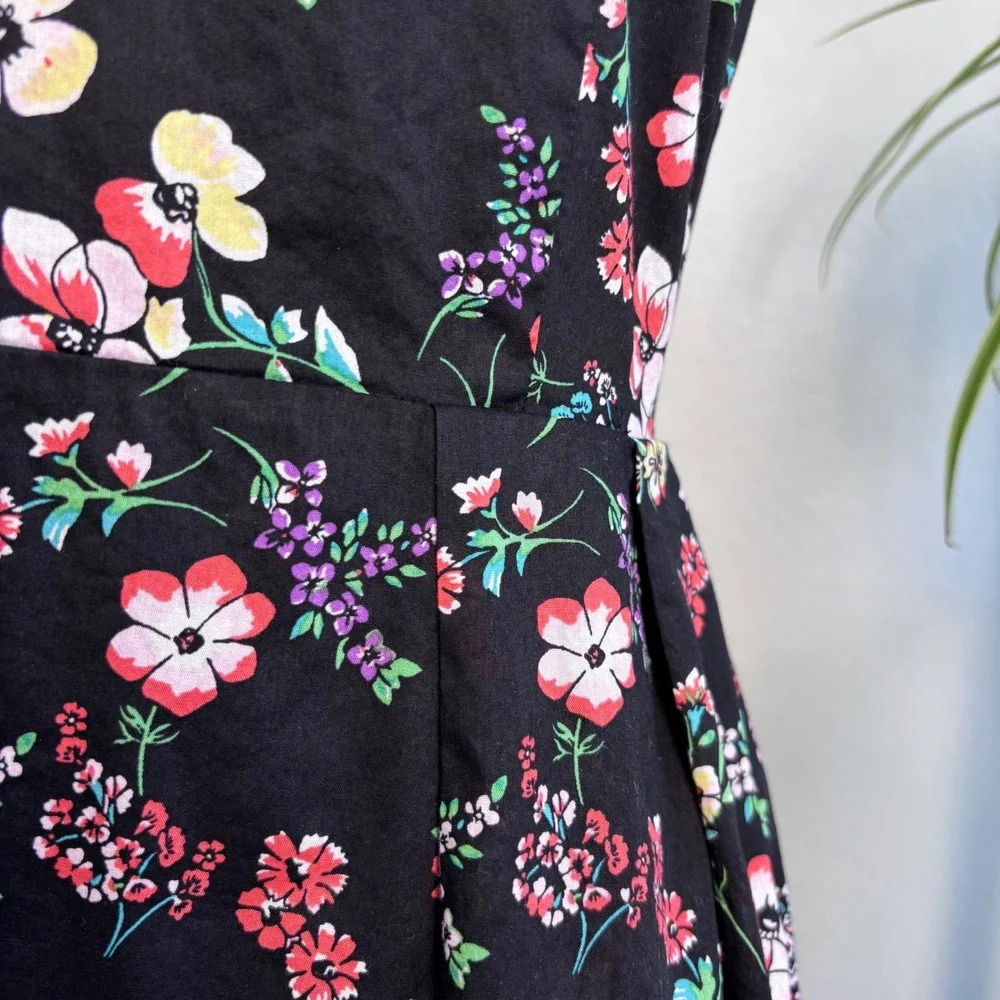 Gap Black Floral Fit and Flare Dress | 6 Petite, Sleeveless Cotton Sun Dress